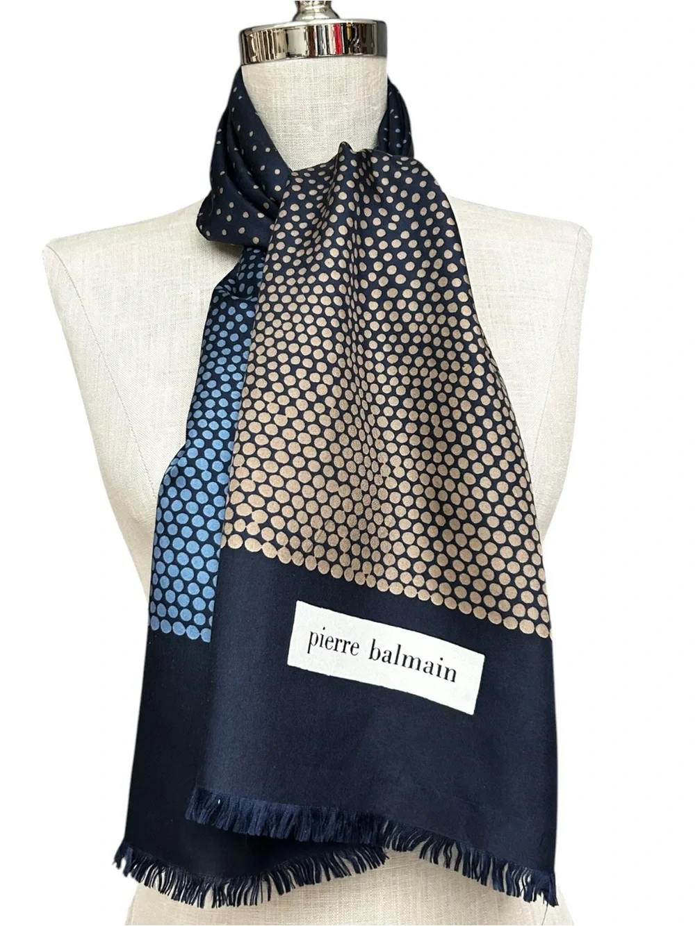 Pierre Balmain Men’s Silk Polka Dot Scarf Navy Blue Brown 50x14.5 Vintage
